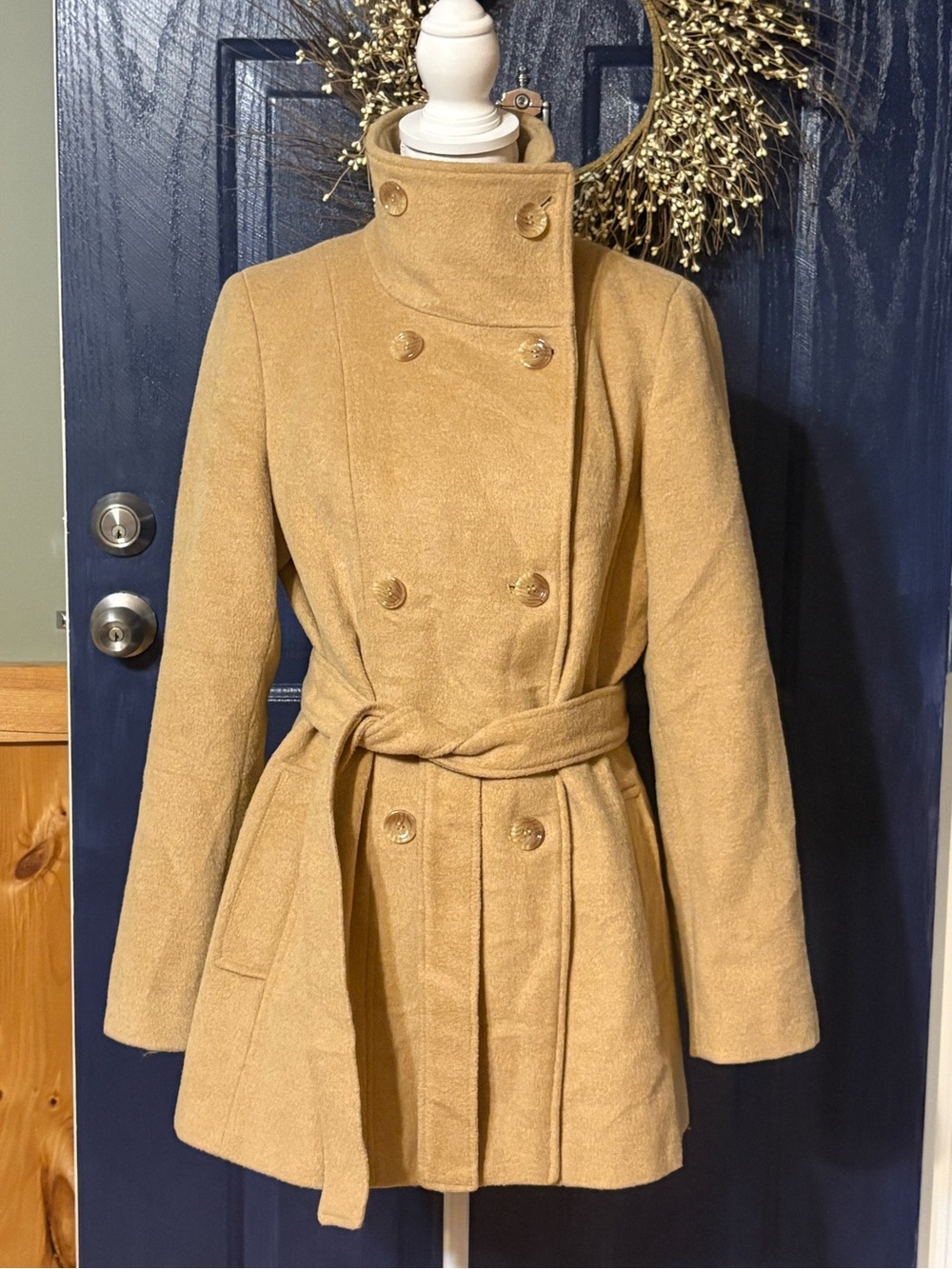 Calvin Klein Camel Wool Blend Belted Double Breasted Coat Funnel Neck Med?